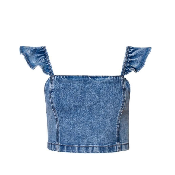 Alice + Olivia Kiley Flutter Shoulder Denim Crop To In Color: Not Yours, Size 10 - Picture 4 of 4